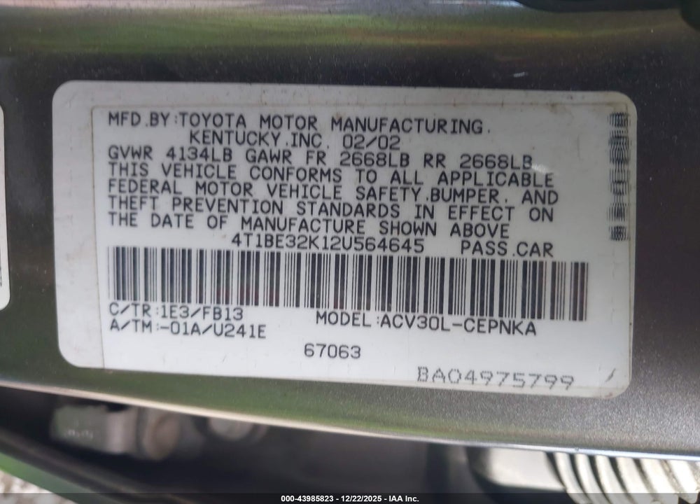 2002 TOYOTA CAMRY LE VIN: 4T1BE32K12U564645