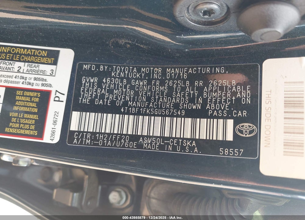 2016 TOYOTA CAMRY SE VIN: 4T1BF1FK5GU567549