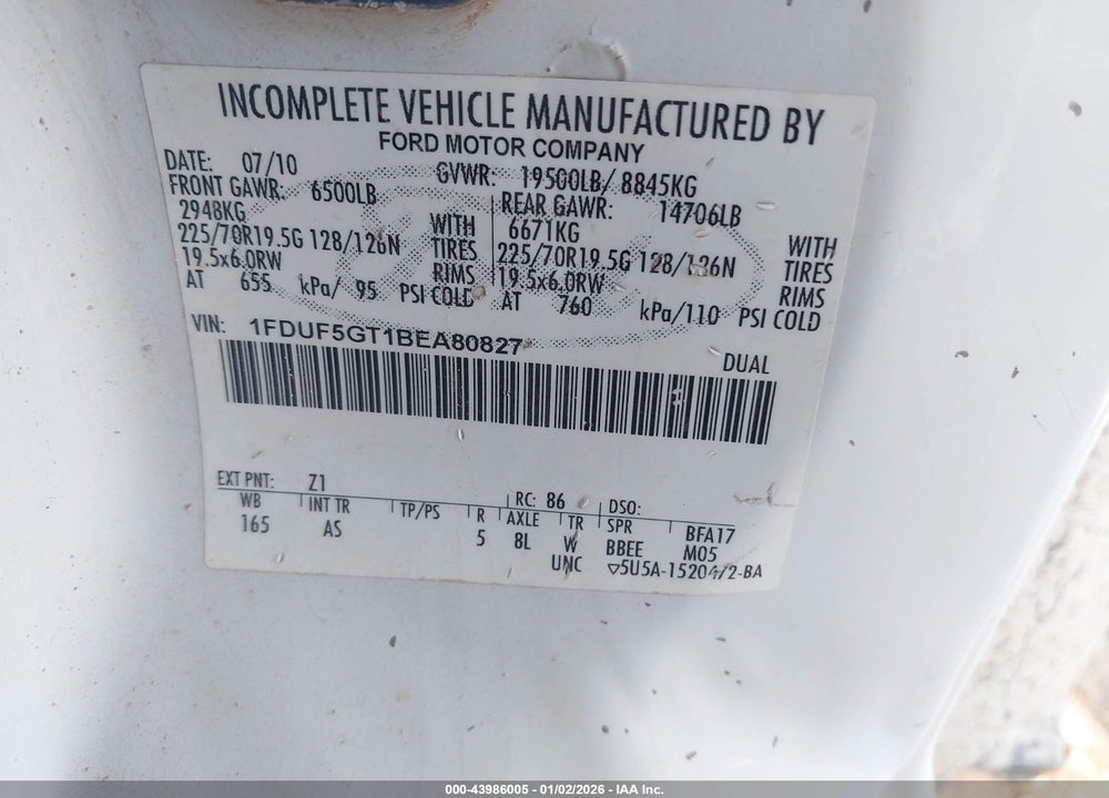 2011 FORD F-550 CHASSIS XL VIN: 1FDUF5GT1BEA80827