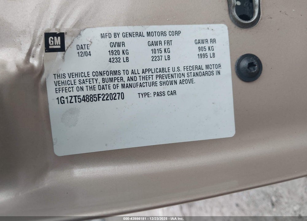 2005 CHEVROLET MALIBU LS VIN: 1G1ZT54885F220270