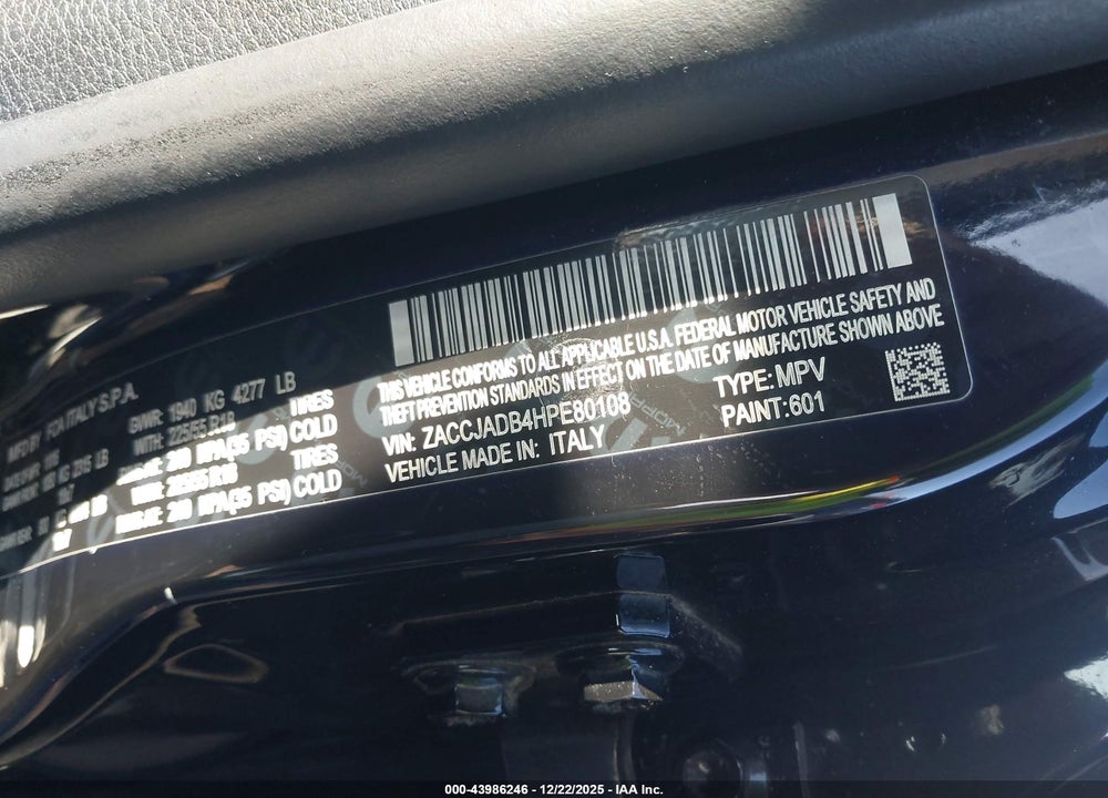 2017 JEEP RENEGADE LIMITED FWD VIN: ZACCJADB4HPE80108