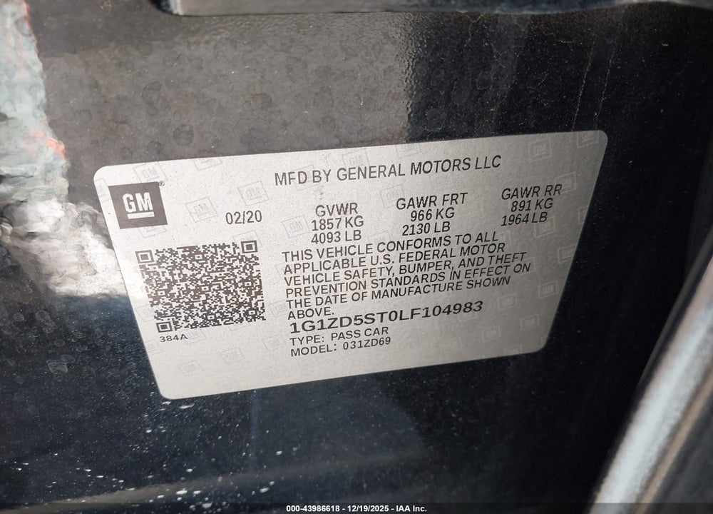 2020 CHEVROLET MALIBU FWD LT VIN: 1G1ZD5ST0LF104983
