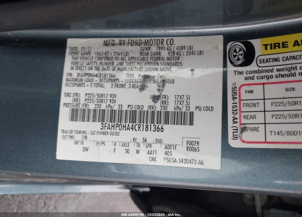 2012 FORD FUSION SE VIN: 3FAHP0HA4CR181366