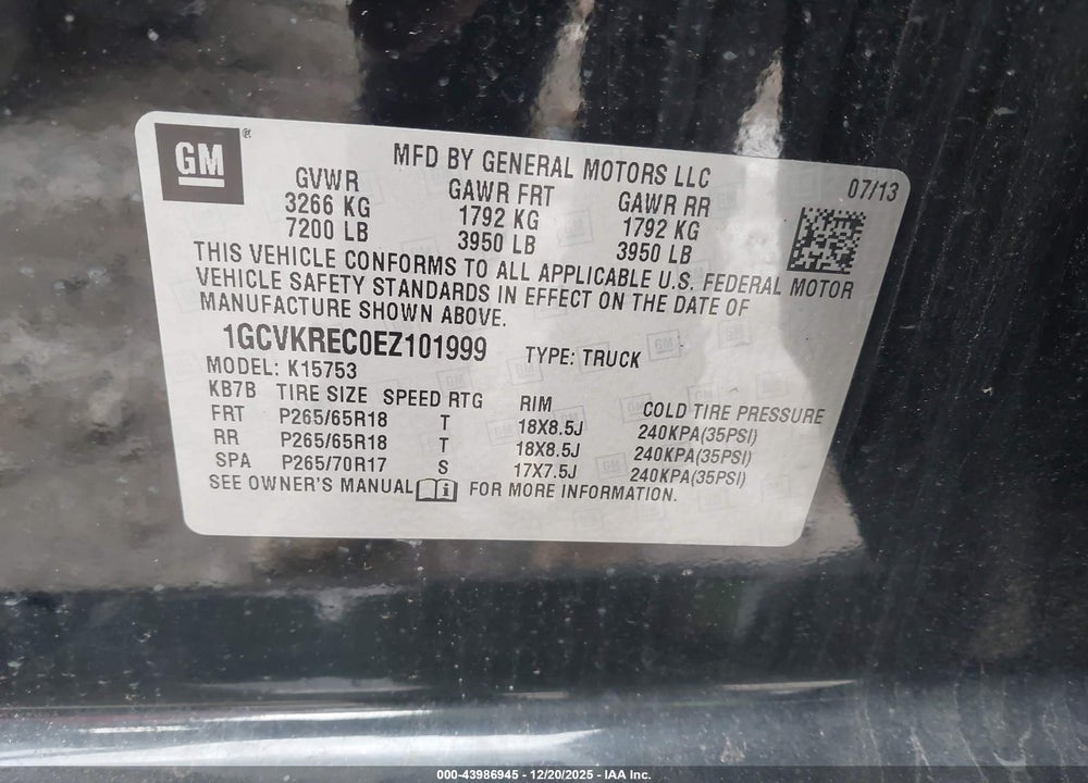 2014 CHEVROLET SILVERADO K1500 LT VIN: 1GCVKREC0EZ101999