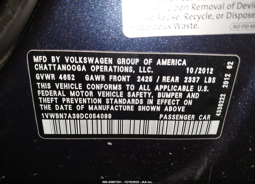 2013 VOLKSWAGEN PASSAT 2.0L TDI SE VIN: 1VWBN7A39DC054099