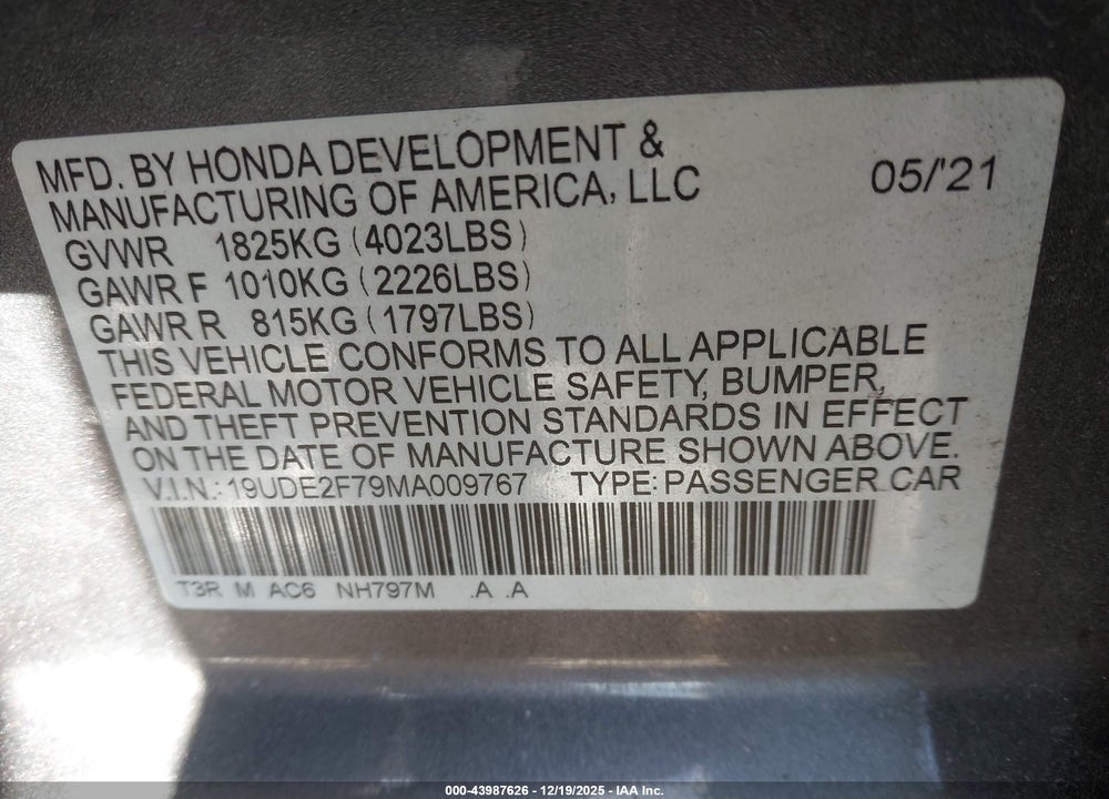 2021 ACURA ILX PREMIUM PACKAGE/TECHNOLOGY PACKAGE VIN: 19UDE2F79MA009767