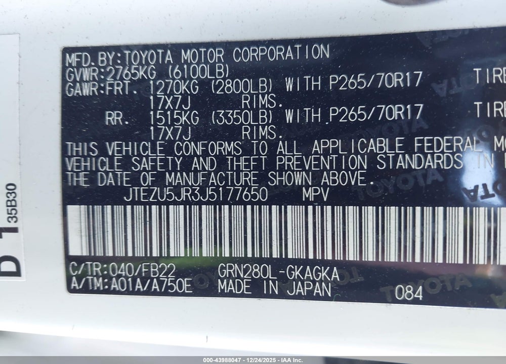 2018 TOYOTA 4RUNNER SR5 VIN: JTEZU5JR3J5177650