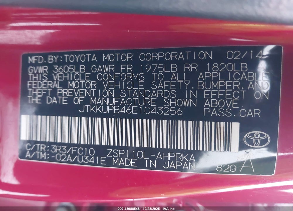 2014 SCION XD VIN: JTKKUPB46E1043256