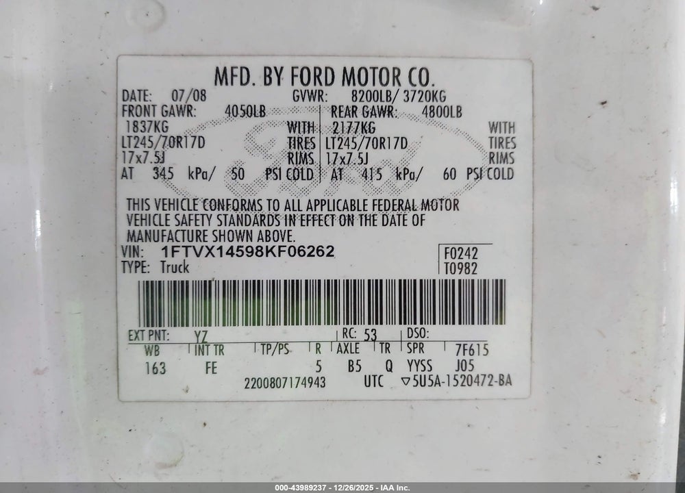 2008 FORD F-150 XL/XLT VIN: 1FTVX14598KF06262