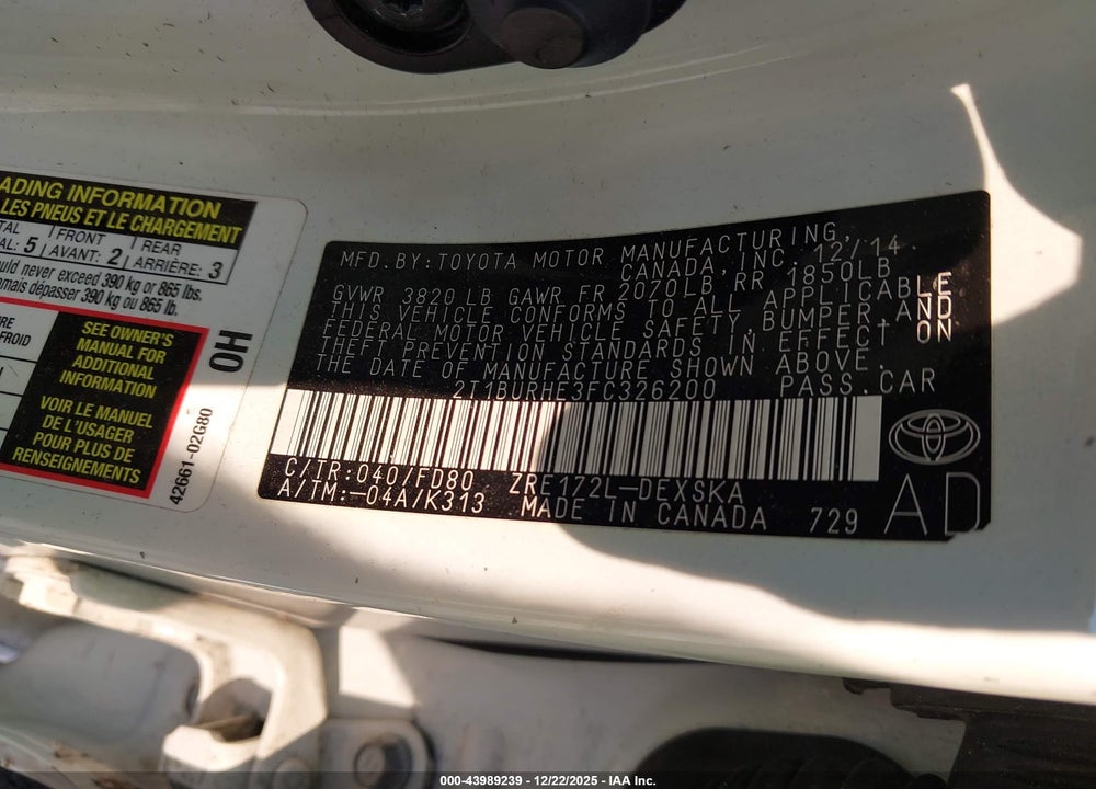 2015 TOYOTA COROLLA S PLUS VIN: 2T1BURHE3FC326200