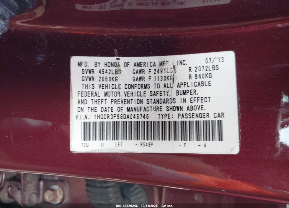 2013 HONDA ACCORD TOURING VIN: 1HGCR3F96DA045746