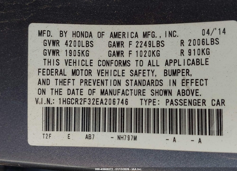 2014 HONDA ACCORD LX VIN: 1HGCR2F32EA206746