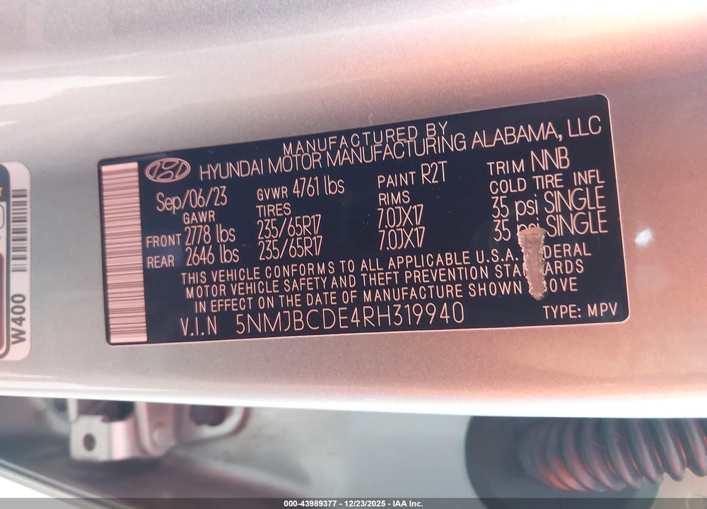 2024 HYUNDAI TUCSON SEL VIN: 5NMJBCDE4RH319940