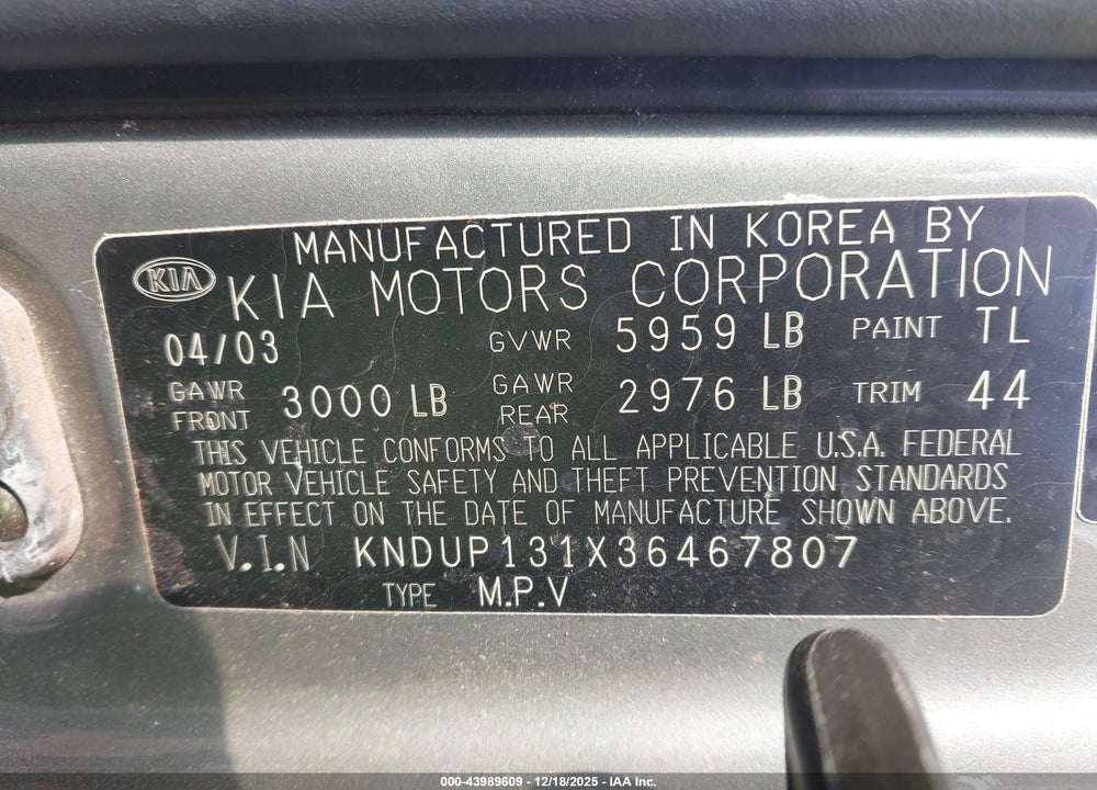 2003 KIA SEDONA EX/LX VIN: KNDUP131X36467807