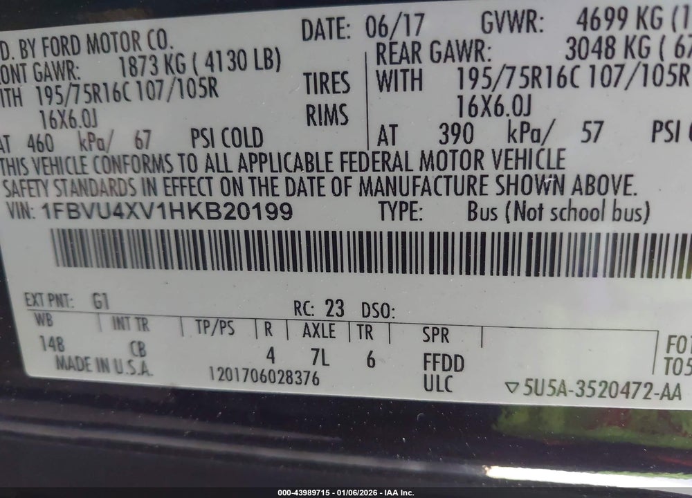 2017 FORD TRANSIT-350 XLT VIN: 1FBVU4XV1HKB20199