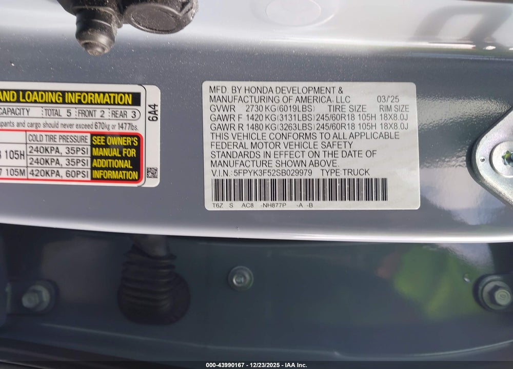 2025 HONDA RIDGELINE RTL VIN: 5FPYK3F52SB029979