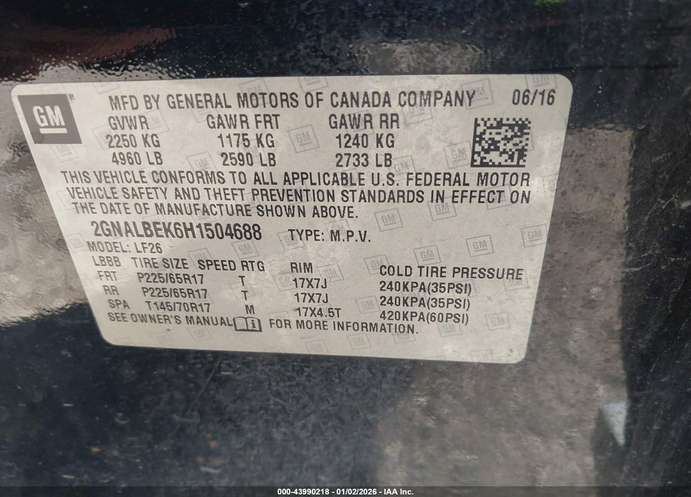2017 CHEVROLET EQUINOX LS VIN: 2GNALBEK6H1504688