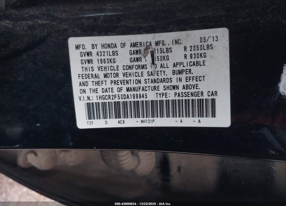 2013 HONDA ACCORD SPORT VIN: 1HGCR2F50DA199845