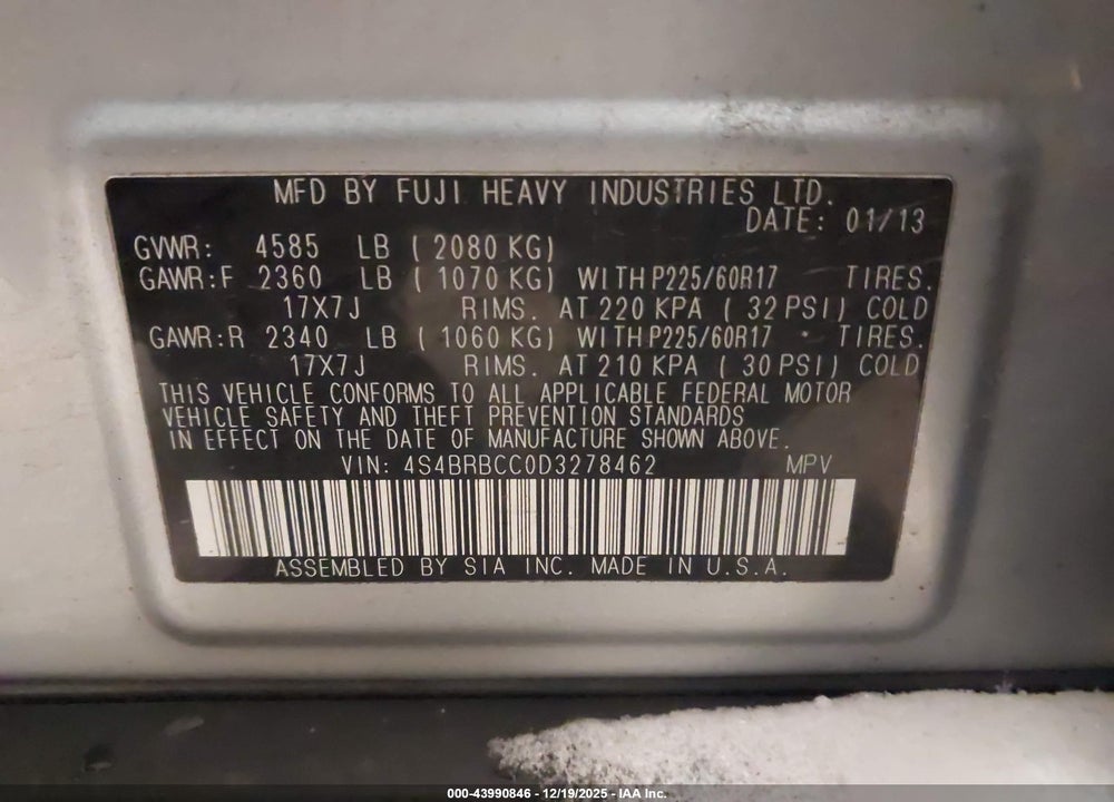 2013 SUBARU OUTBACK 2.5I PREMIUM VIN: 4S4BRBCC0D3278462