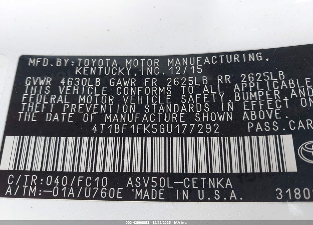 2016 TOYOTA CAMRY LE VIN: 4T1BF1FK5GU177292