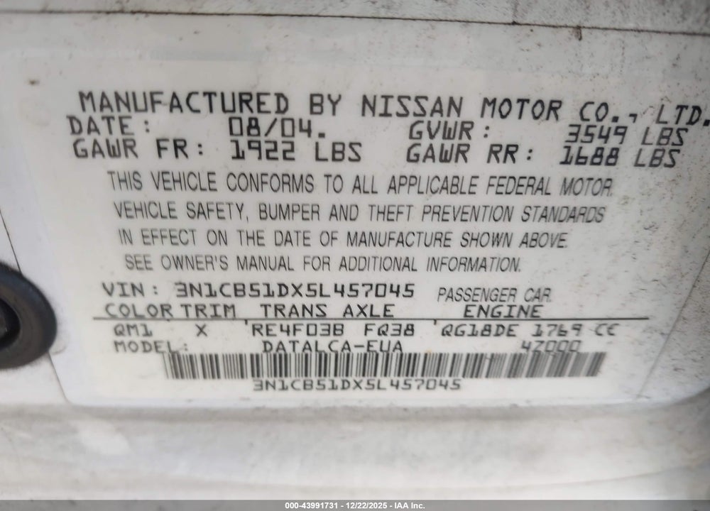2005 NISSAN SENTRA 1.8 VIN: 3N1CB51DX5L457045
