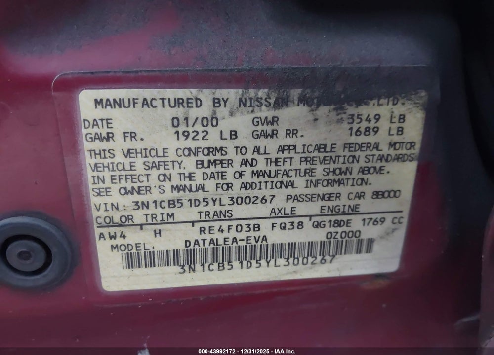 2000 NISSAN SENTRA VIN: 3N1CB51D5YL300267