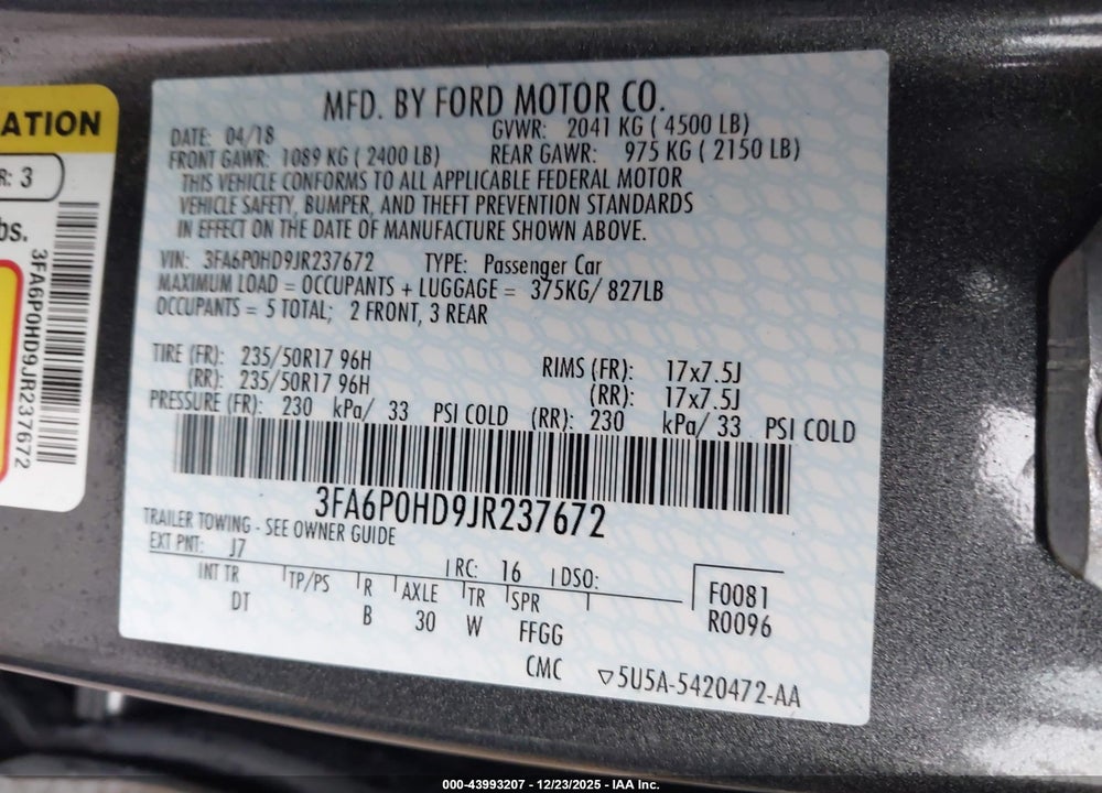 2018 FORD FUSION SE VIN: 3FA6P0HD9JR237672