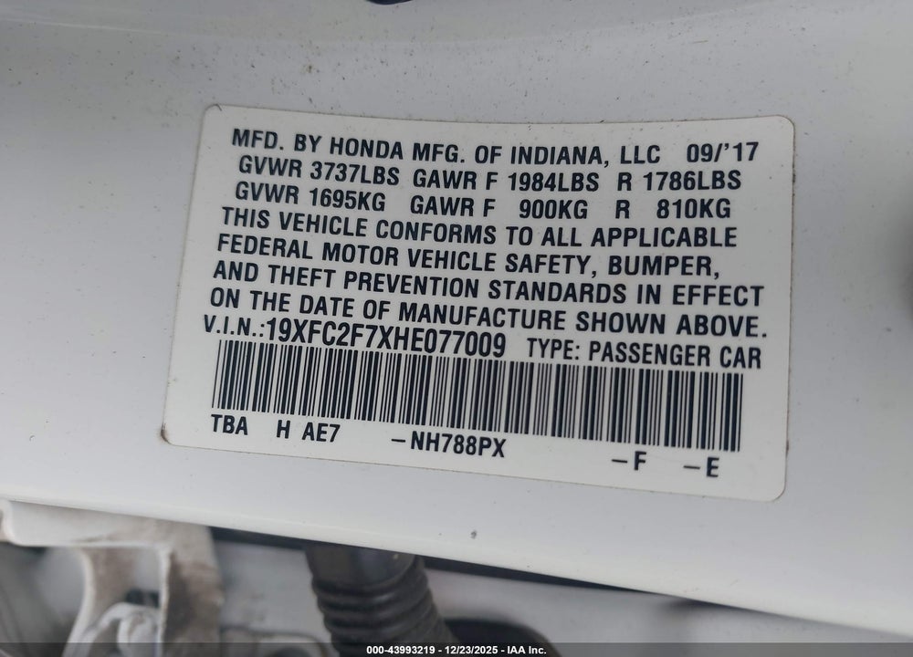 2017 HONDA CIVIC EX VIN: 19XFC2F7XHE077009