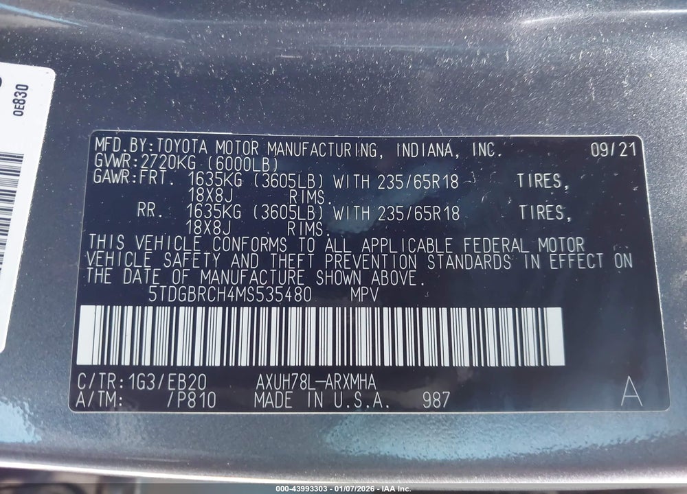 2021 TOYOTA HIGHLANDER HYBRID XLE VIN: 5TDGBRCH4MS535480