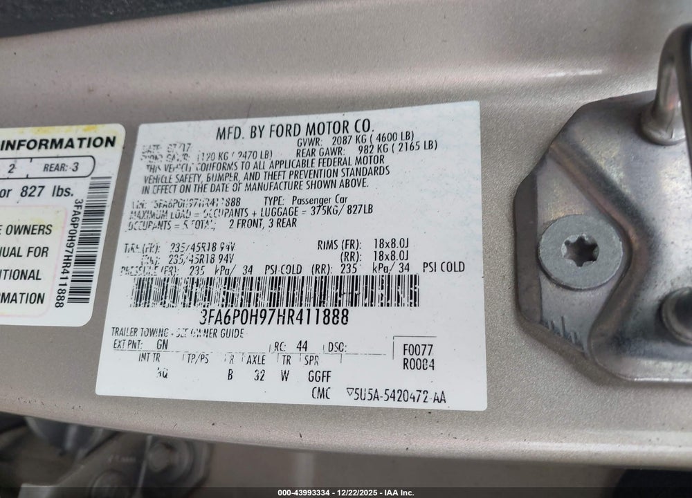 2017 FORD FUSION SE VIN: 3FA6P0H97HR411888