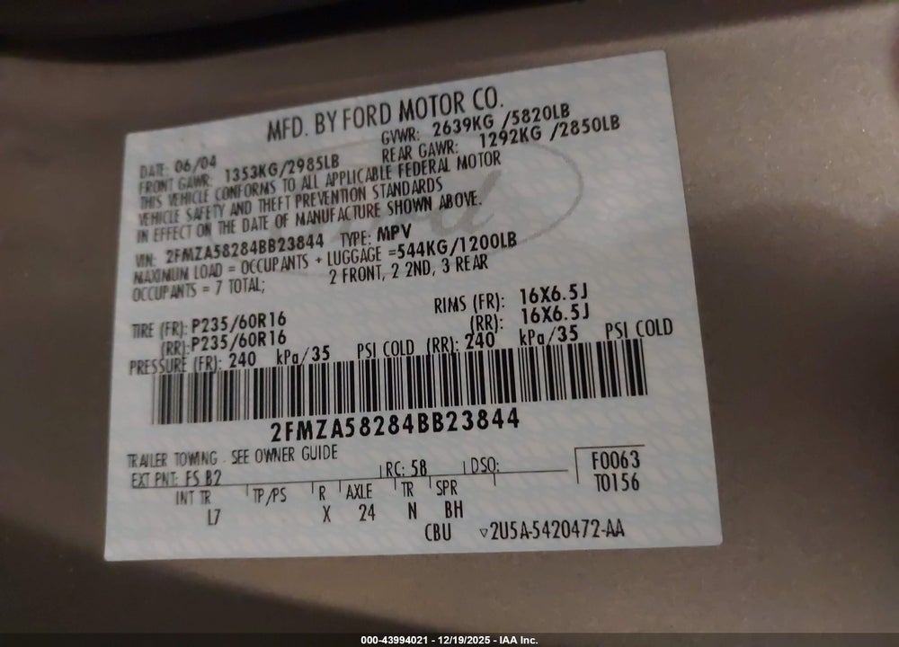 2004 FORD FREESTAR LIMITED VIN: 2FMZA58284BB23844
