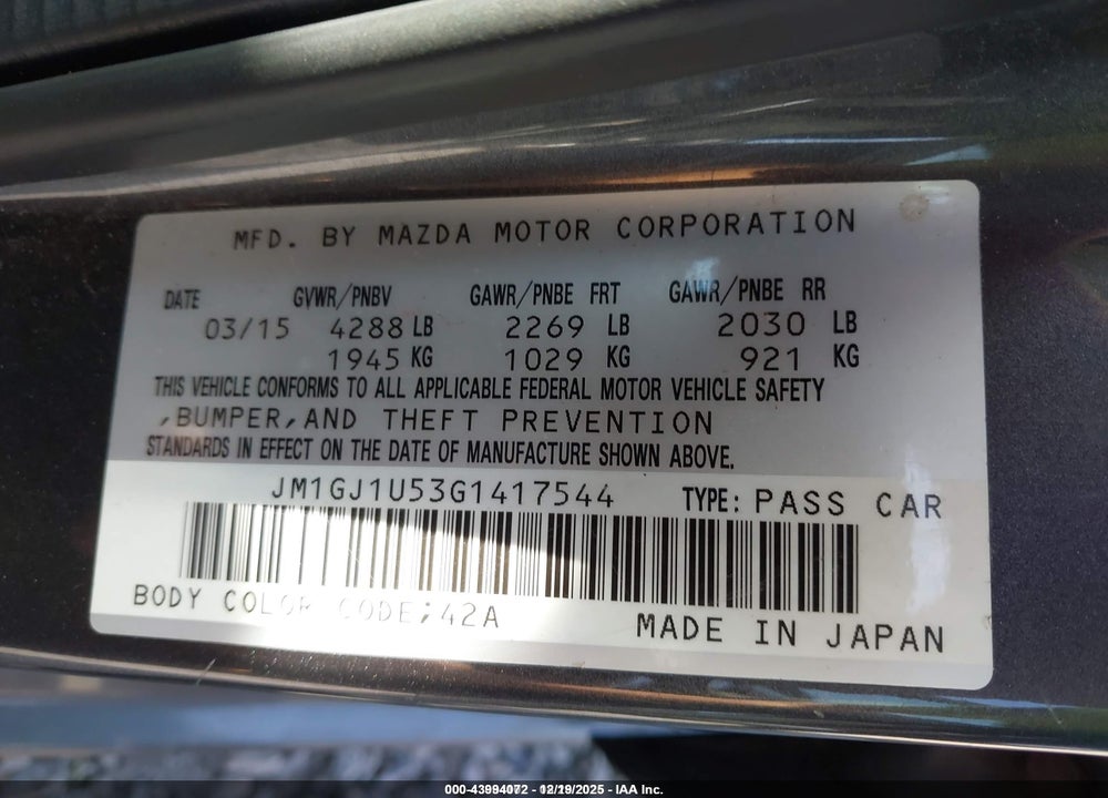 2016 MAZDA 6 I SPORT VIN: JM1GJ1U53G1417544