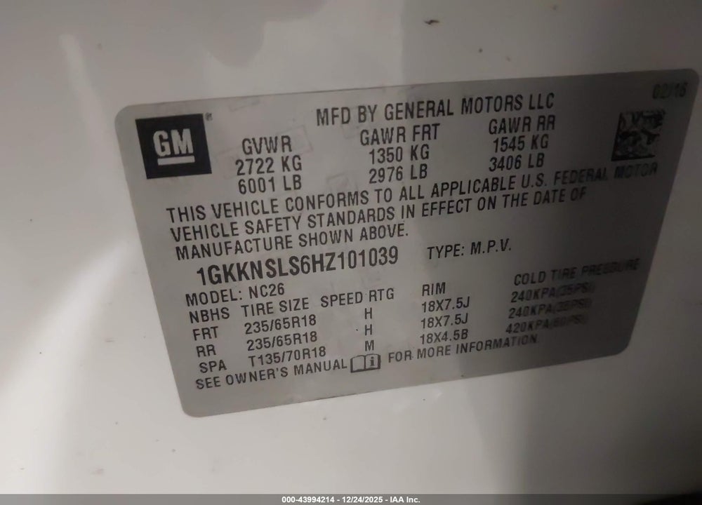 2017 GMC ACADIA SLE-2 VIN: 1GKKNSLS6HZ101039