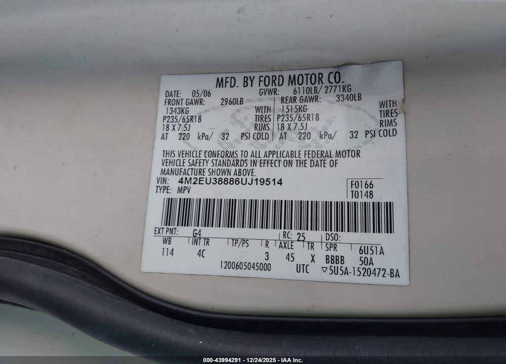2006 MERCURY MOUNTAINEER PREMIER VIN: 4M2EU38886UJ19514