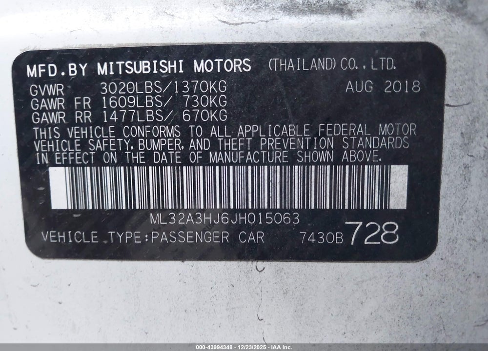 2018 MITSUBISHI MIRAGE ES VIN: ML32A3HJ6JH015063