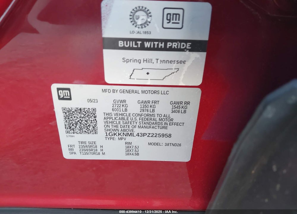 2023 GMC ACADIA FWD SLT VIN: 1GKKNML43PZ225958