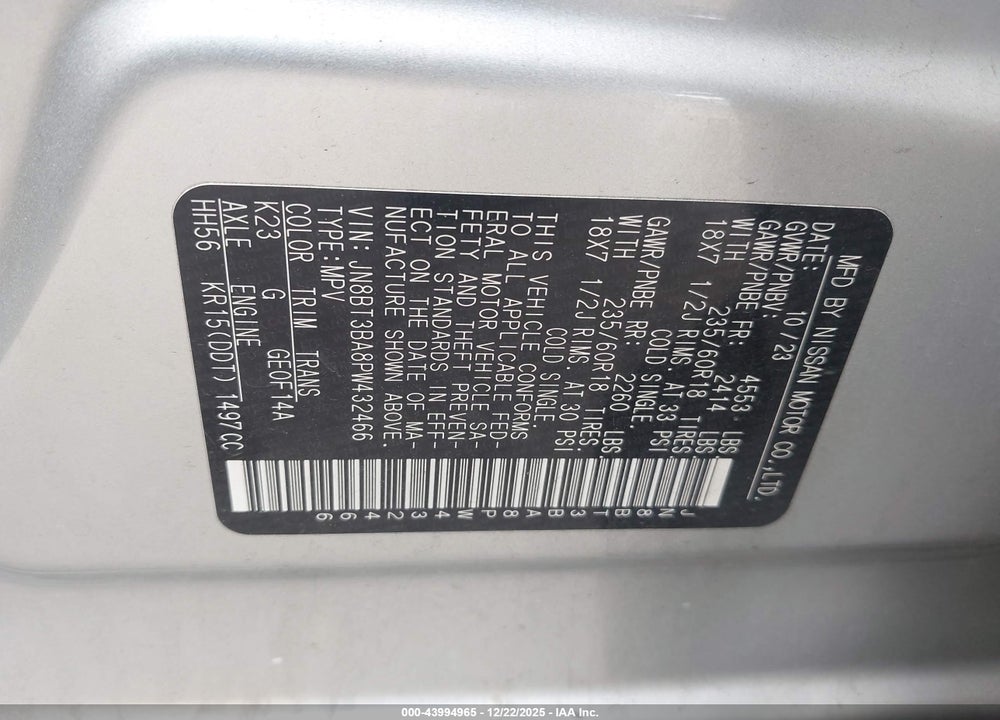 2023 NISSAN ROGUE SV FWD VIN: JN8BT3BA8PW432466