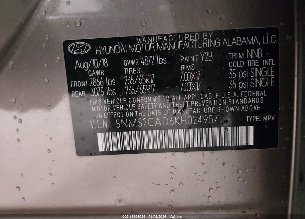 2019 HYUNDAI SANTA FE SE VIN: 5NMS2CAD6KH024957
