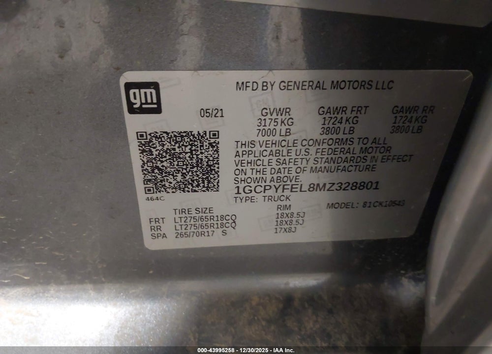 2021 CHEVROLET SILVERADO 1500 4WD  SHORT BED LT TRAIL BOSS VIN: 1GCPYFEL8MZ328801