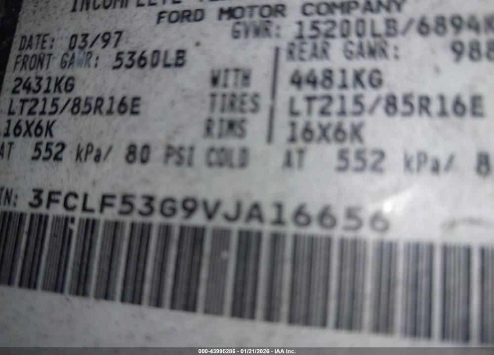 1997 FORD F530 SUPER DUTY VIN: 3FCLF53G9VJA16656