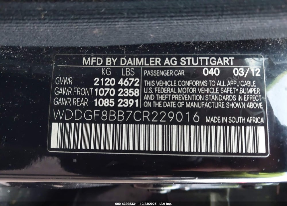 2012 MERCEDES-BENZ C 300 LUXURY 4MATIC VIN: WDDGF8BB7CR229016