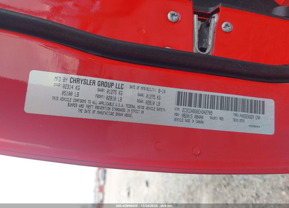2014 DODGE CHARGER SE VIN: 2C3CDXBG6EH342709