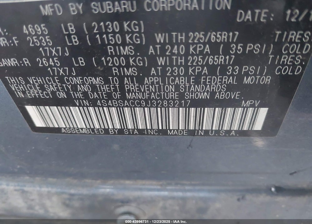 2018 SUBARU OUTBACK 2.5I PREMIUM VIN: 4S4BSACC9J3283217
