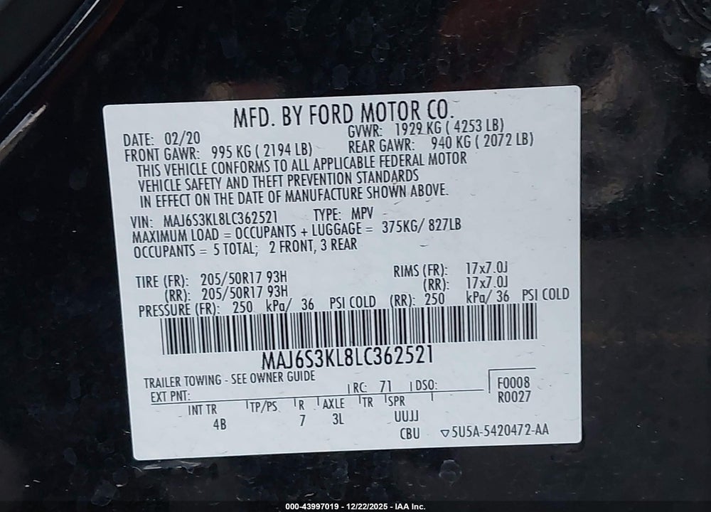 2020 FORD ECOSPORT TITANIUM VIN: MAJ6S3KL8LC362521
