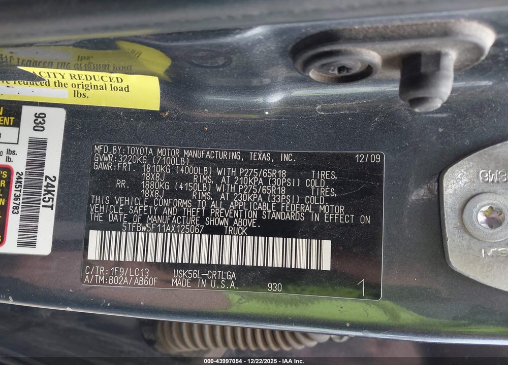 2010 TOYOTA TUNDRA LIMITED 5.7L V8 VIN: 5TFBW5F11AX125067