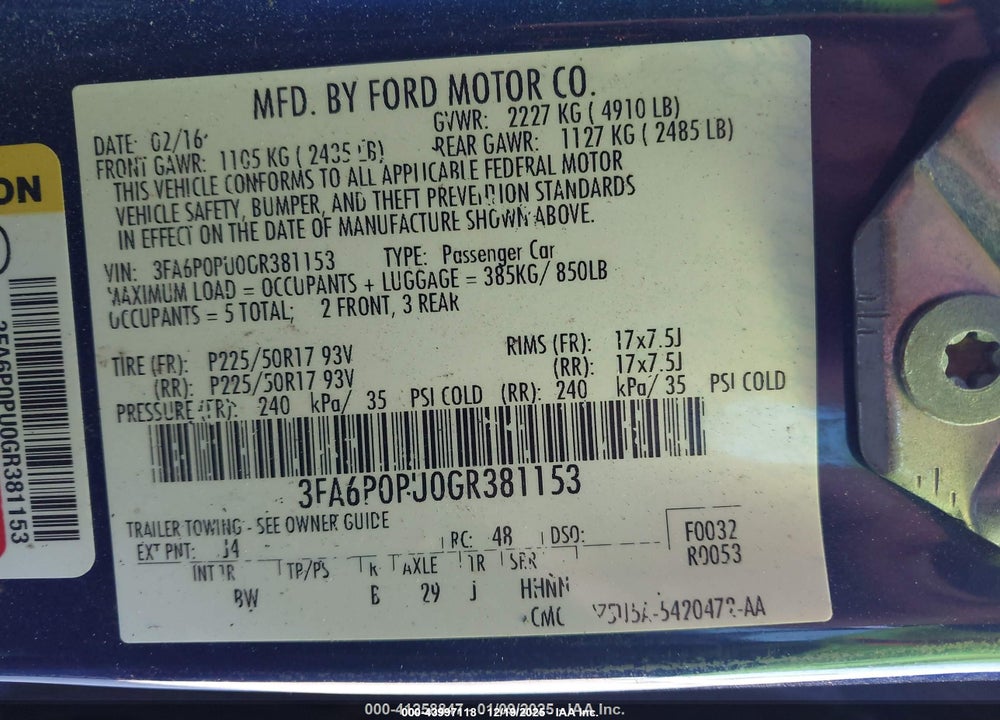 2016 FORD FUSION ENERGI SE LUXURY VIN: 3FA6P0PU0GR381153