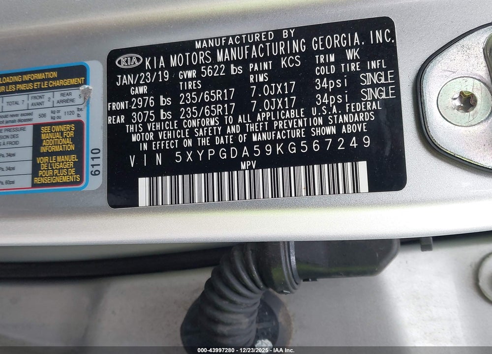 2019 KIA SORENTO 3.3L LX VIN: 5XYPGDA59KG567249