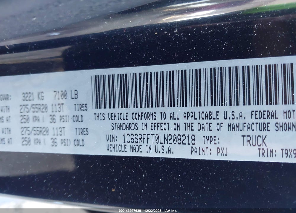 2020 RAM 1500 BIG HORN  4X4 5'7 BOX VIN: 1C6SRFFT0LN208218