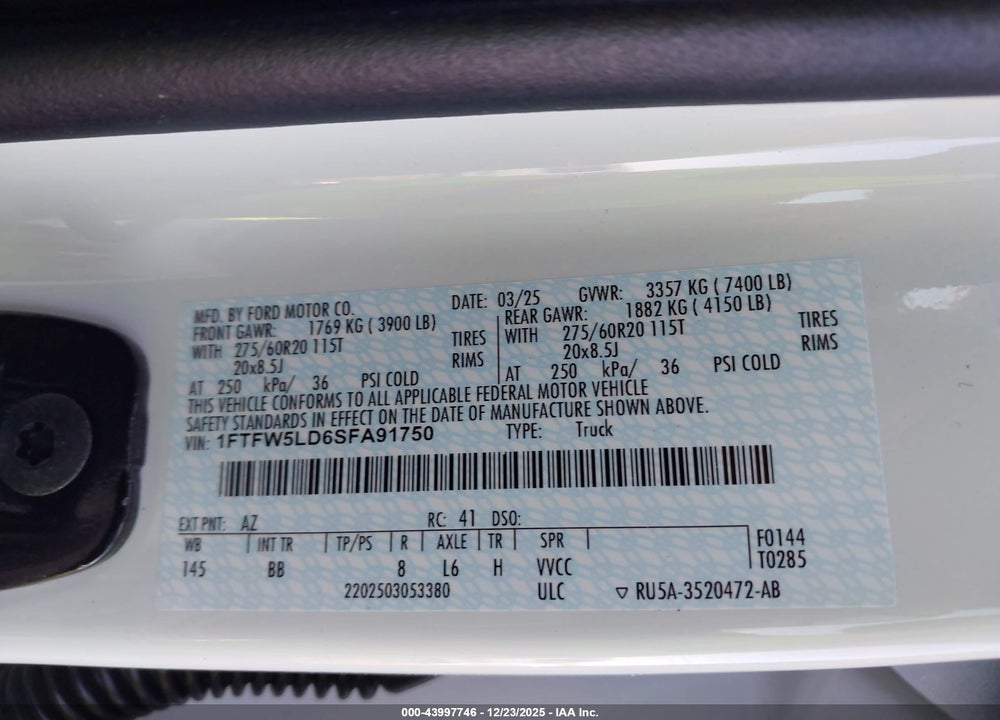 2025 FORD F-150 LARIAT VIN: 1FTFW5LD6SFA91750