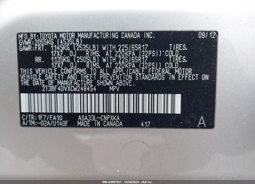2012 TOYOTA RAV4 VIN: 2T3BF4DVXCW248454